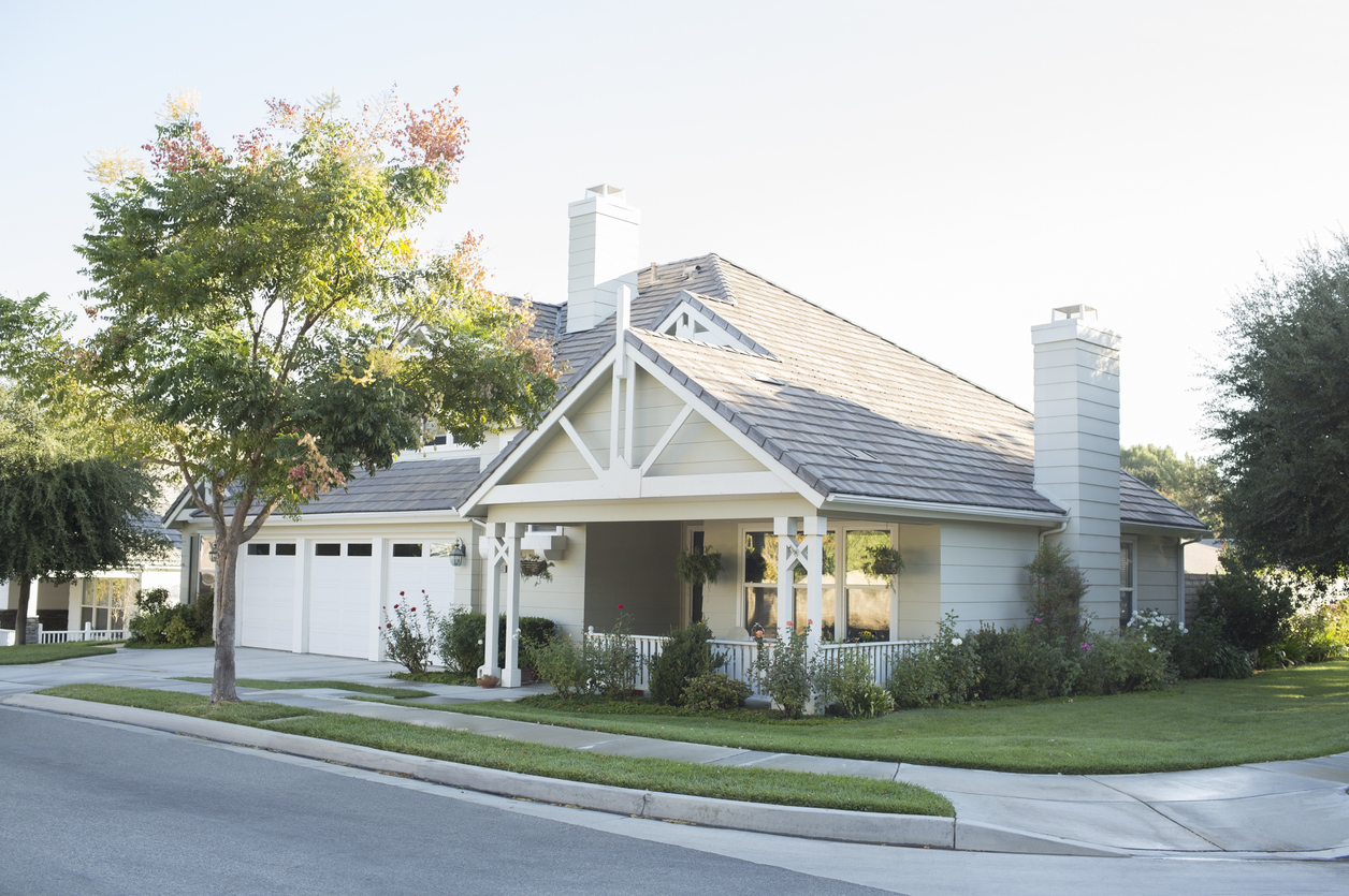Sunny house with trimmed trees, clean gutters, ready to be pest free